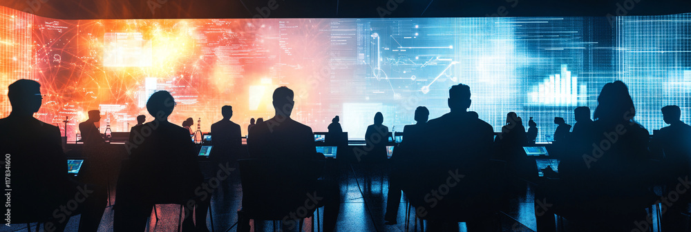 Poster abstract figures presenting at a conference, with data visualizations projected onto the walls, symb