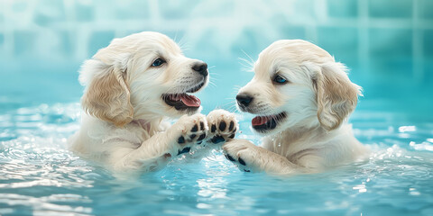 Two cute white puppies, playing in the pool together, generative AI