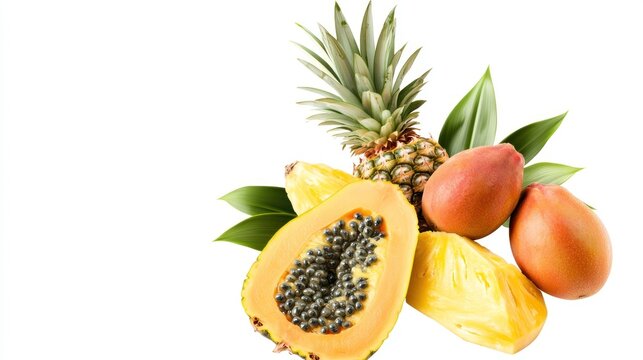 A vibrant arrangement of tropical fruits including papaya, pineapple, and sapote.