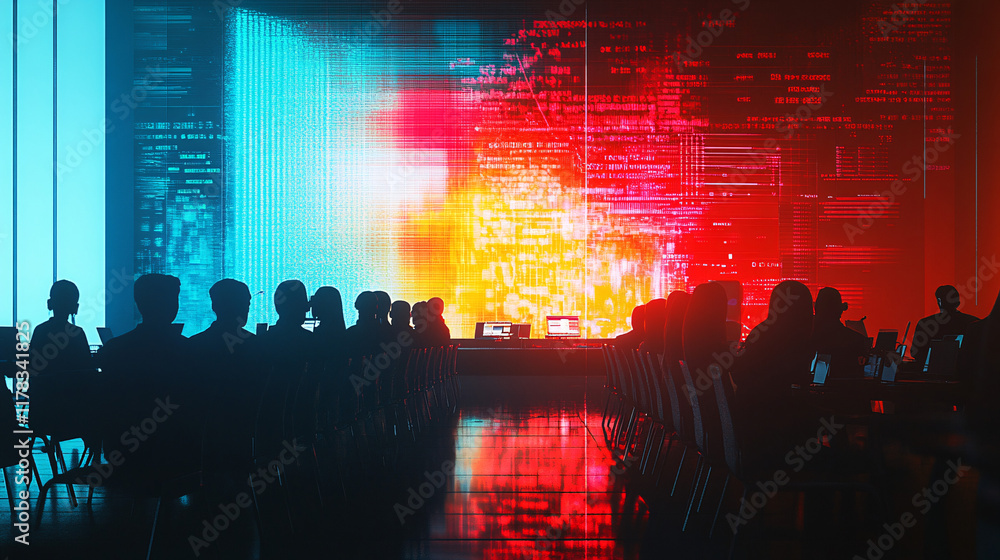 Poster abstract figures presenting at a conference, with data visualizations projected onto the walls, symb