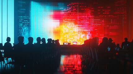 Obraz premium Abstract figures presenting at a conference, with data visualizations projected onto the walls, symbolizing the merging of science and technology in a modern setting. 
