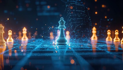 In a captivating digital realm, a luminous king chess piece stands majestically surrounded by glowing pawns, embodying strategy and competition in a vivid neon landscape.