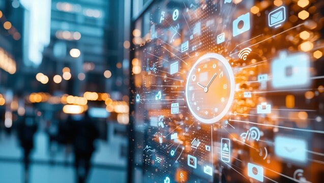A mesmerizing digital clock surrounded by vibrant, glowing icons representing technology and connectivity amidst a bustling urban backdrop filled with life and energy. - Powered by Adobe