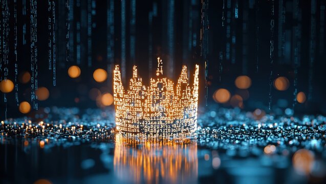 A mesmerizing representation of digital royalty, where a luminous crown made of binary code glistens against a backdrop of shimmering reflections and cascading lights.
