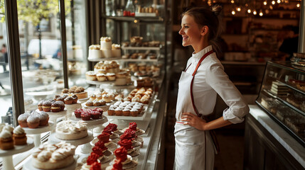 Obraz premium Caucasian female bakery owner proudly stands in her bakery patisserie, copy space