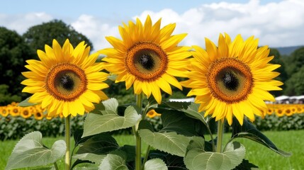 Fototapeta premium Three vibrant sunflowers standing tall in a green field.