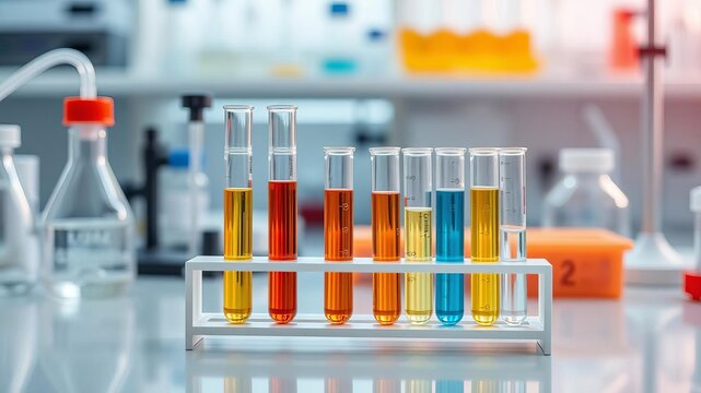 Medical equipment pipette adding blue fluid to one of several test tubes on a laboratory bench, test tubes, equipment, chemistry