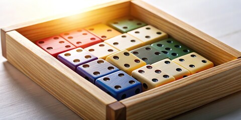 Top-down view of a wooden domino set in a box, night photo.