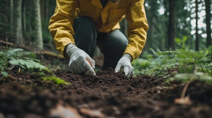 A person in a yellow jacket is digging in the dirt