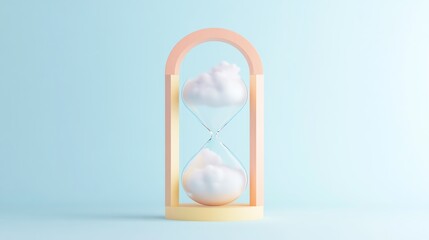 A pastel-colored hourglass with fluffy clouds inside, set against a soft blue background, symbolizes the passage of time and dreams.
