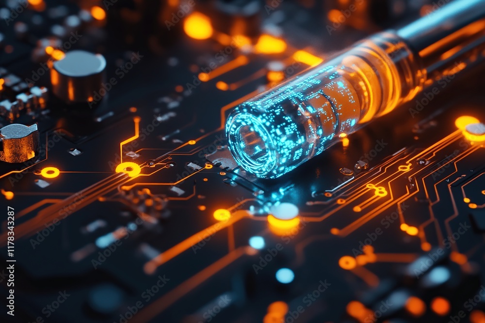 Poster exploring futuristic technology: advanced circuits and data transmission in a glass capsule, illumin