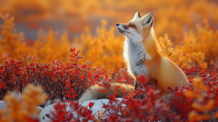 Red fox in autumn foliage, looking up
