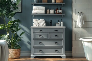 Elegant bathroom cabinet with four drawers and two doors, designed in gray color with shelves for towels and soaps, placed near the bathtub. Cozy home interior with blue wall paint and white tile deco