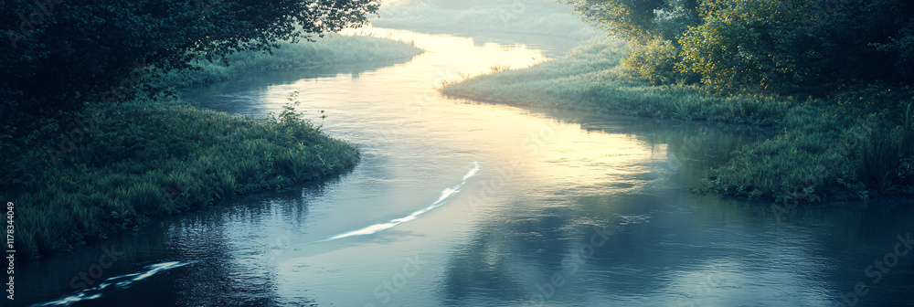 Poster an abstract arrow stretching across a winding river, with reflections shimmering in the water, symbo