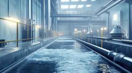 A large industrial building with a long waterway running through it
