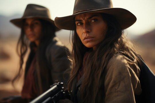 Western style: cowgirl hats, wild west fashion, rugged attire, frontier spirit, adventurous look, western culture, pioneer lifestyle, vintage trunks, bold characters, female empowerment.