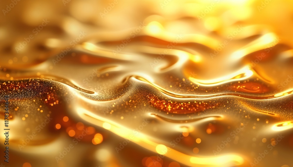 Poster Abstract liquid gold background shows smooth waves, patterns. Shiny gold texture with bright light, sparkles. Modern design element for luxury branding design. Fluid gold material with dynamic flow.