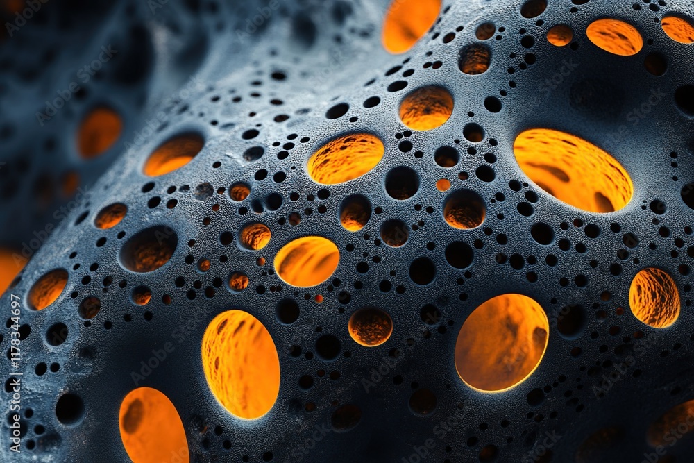 Poster glowing abstract texture: dark, porous surface with orange inner light, detailed macro view of uniqu