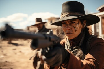 Fototapeta premium Western style: cowgirl hats, wild west fashion, rugged attire, frontier spirit, adventurous look, western culture, pioneer lifestyle, vintage trunks, bold characters, female empowerment.