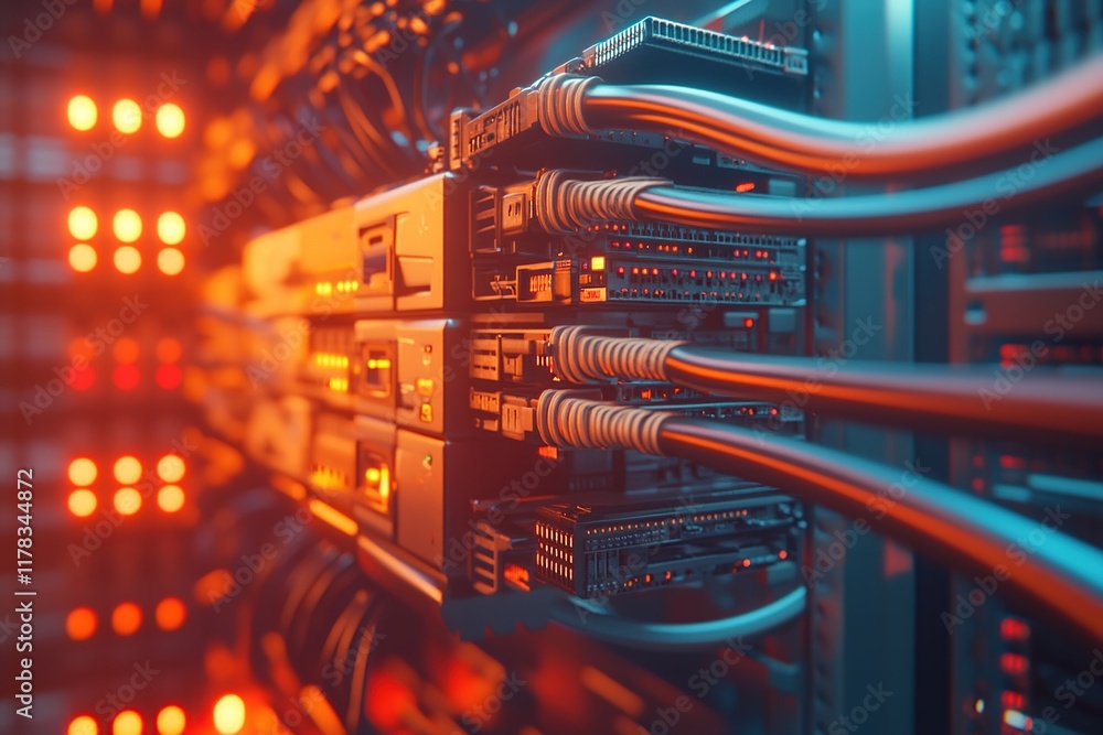 Poster exploring server room: network cables connect servers with powerful technology