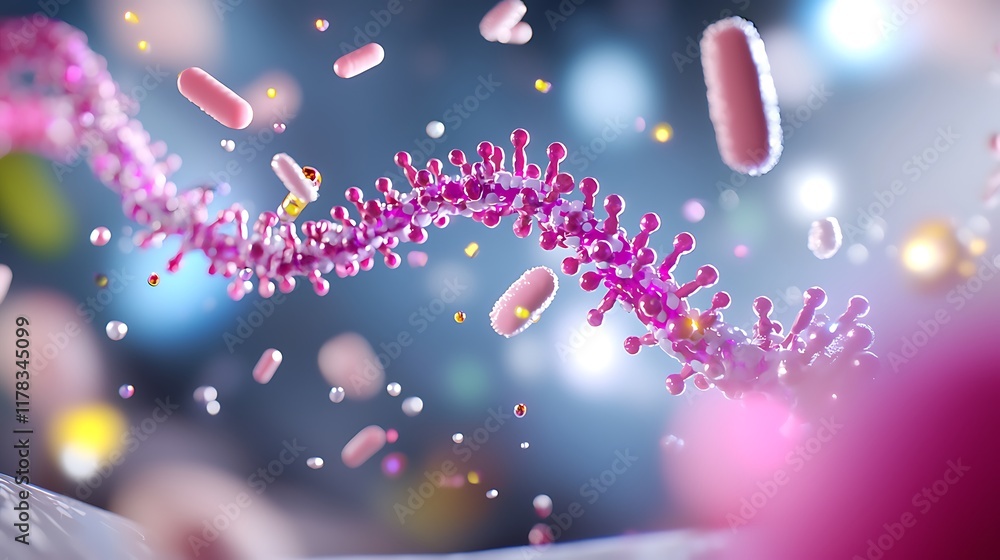 Aufkleber microscopic view of dna strand with surrounding particles.