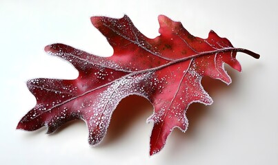 Fototapeta premium Frosted red oak leaf on white background.