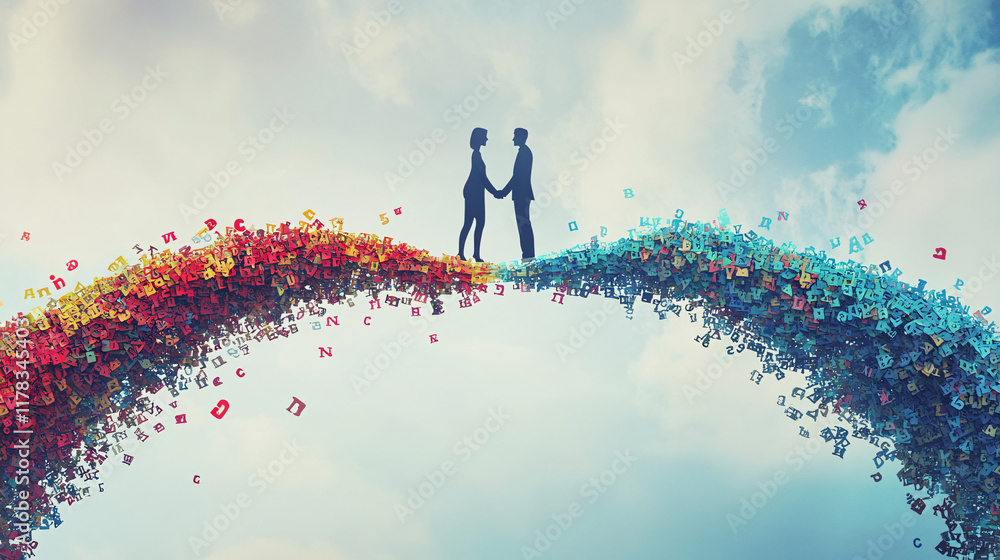 Poster an abstract bridge made of letters connecting two people, each on opposite sides of a language barri