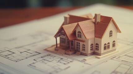 Classic Architectural House Model on Blueprint Paper