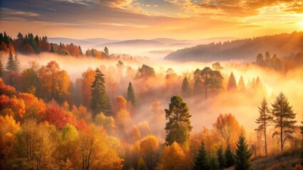 Golden Sunrise Illuminates Misty Autumn Forest, Painting a Breathtaking Landscape with Vibrant Colors and Serene Atmosphere