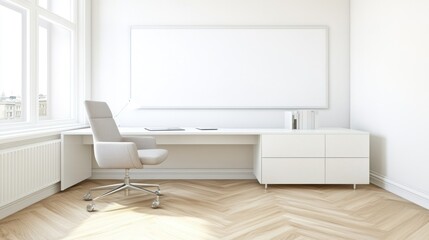 Modern office space with a desk, chair, and minimalist design.