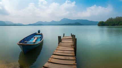 Naklejka premium Serene lake view with wooden pier and small boat.