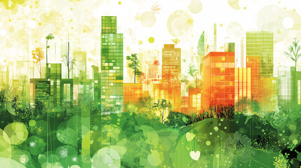 An abstract cityscape showcasing green buildings and urban gardens, where residents practice sustainable living, represented by vibrant colors and organic shapes. 