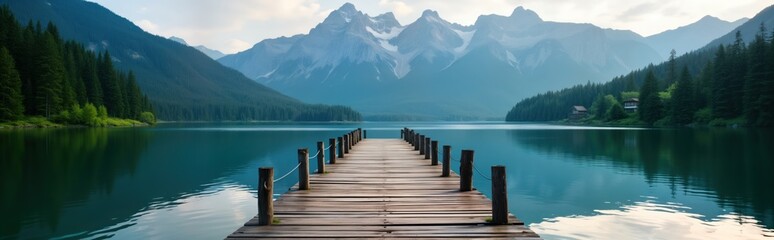 Wooden pier stretches across calm lake. Majestic mountains rise above tranquil water. Forest borders shore. Peaceful serene scene. Ideal for vacation getaways nature lovers. Explore scenic beauty.