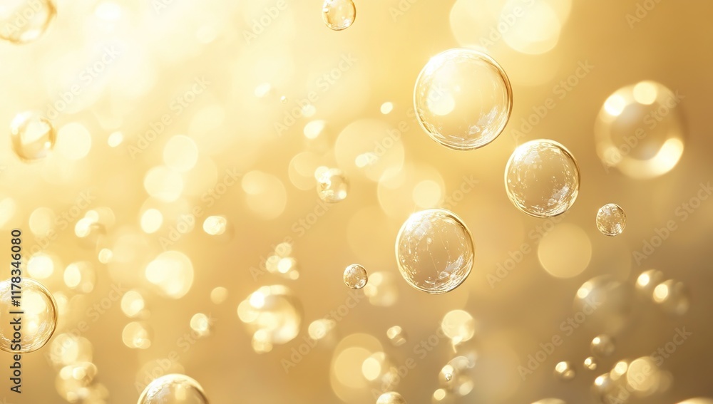 Poster golden bubbles float and shimmer in light, creating an abstract background of sparkling beauty
