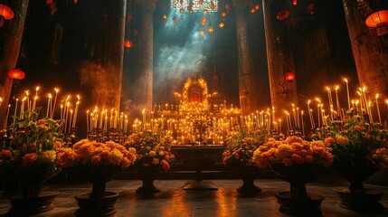Obraz premium Candlelit altar in ornate church with flowers, lanterns, and atmospheric lighting