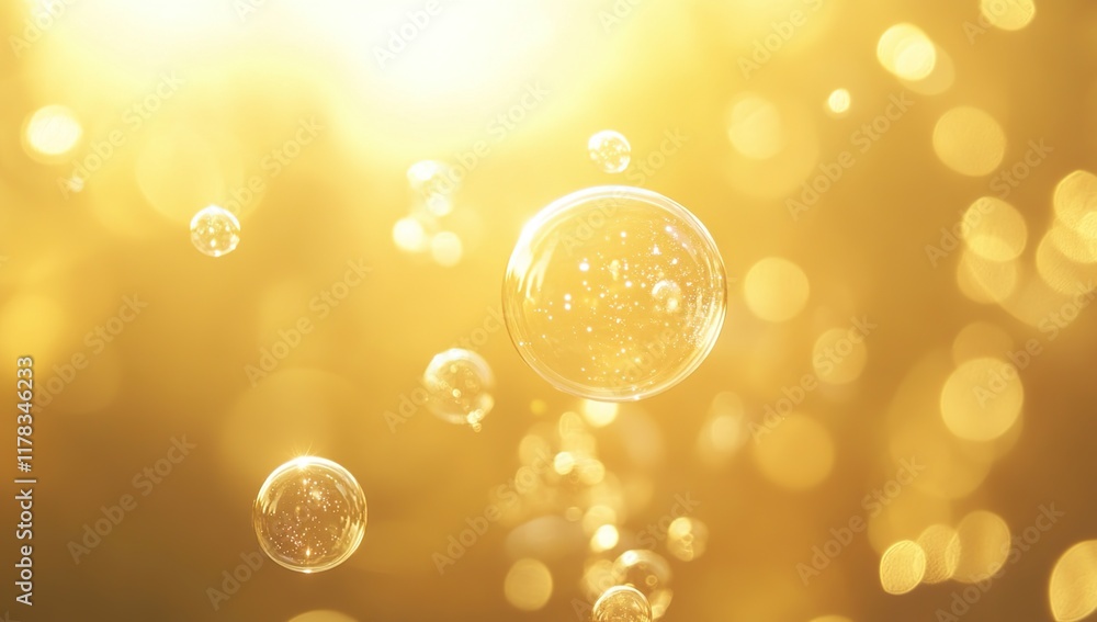 Poster golden bubbles float gently in sunlight: a shimmering, sparkling, aerial display of light and air, c