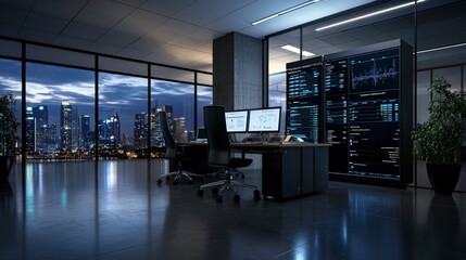 Corporate office space at night cityscape view digital data visualization modern environment professional concept