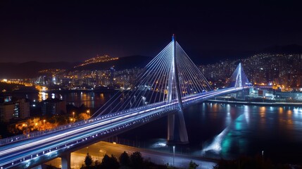 Obraz premium Aerial view of Bhumibol bridge,Aerial view of the highway,expressway and motorway at night, Aerial view interchange of a city