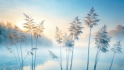 Serene Dawn Misty River, Silvery Grasses, and Golden Sunlight Illuminating a Tranquil Landscape