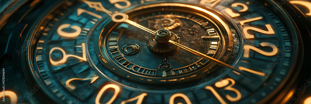 Poster an abstract clock with numbers and time zones in different languages, symbolizing the interconnected
