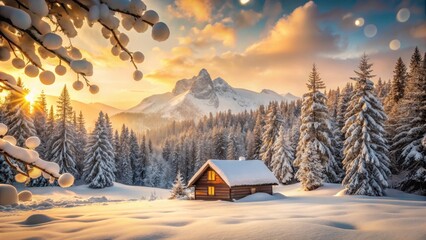 Fototapeta premium Golden Hour Serenity A Cozy Cabin Nestled in a Snow-Covered Mountain Forest at Sunrise