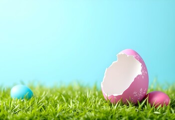 Pink and blue Easter egg open and cracked in half. Empty copy space for text or product.