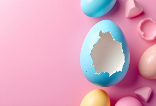 Pink and blue Easter egg open and cracked in half. Empty copy space for text or product.