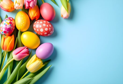 Easter Joy Composition: top view colorful eggs, and fresh tulips on a soft blue background. Ideal for greetings or promotions with space for text or ads
