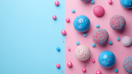 Pastel colored spheres and small balls on pink and blue background