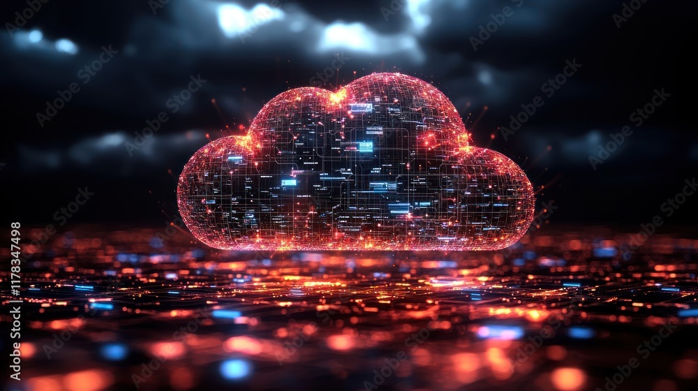 Poster digital cloud network: a glowing, futuristic cloud symbol representing data storage and connectivity