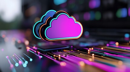 Neon cloud computing symbol hovers over a circuit board.