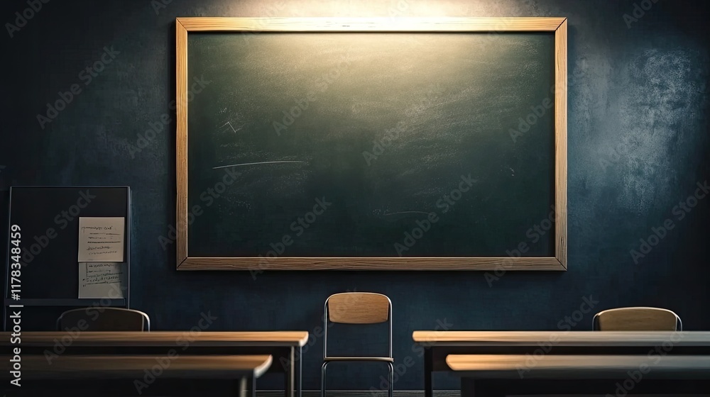 Poster a blank chalkboard with soft light highlighting the surface and space for brainstorming.