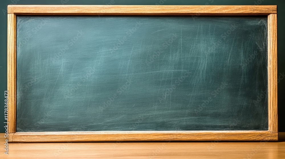 Poster a blank chalkboard with soft light highlighting the surface and space for brainstorming.