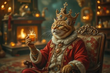 Obraz premium Regal Cat King Enjoys A Warm Drink By The Fireplace